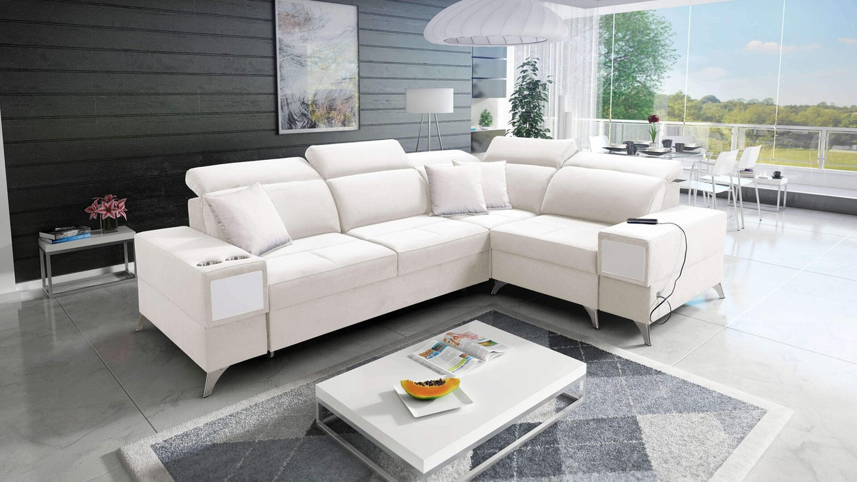 Porto II corner sofa bed, pull-out drawer – right-hand