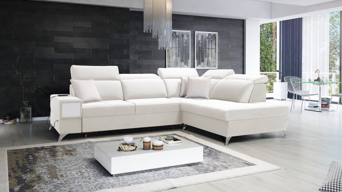 Porto VII corner sofa bed, pull-out drawer – right-hand