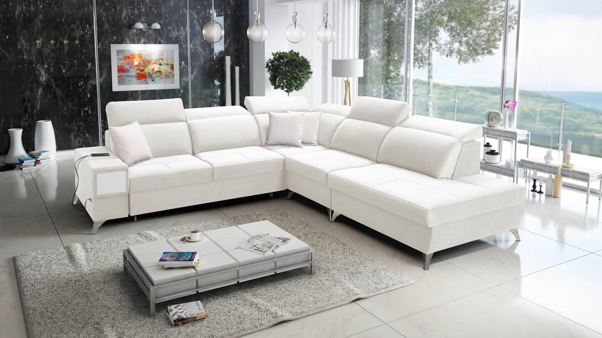 Porto IX corner sofa bed, pull-out drawer – right-hand