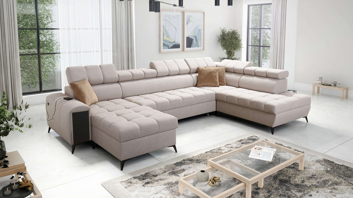 U-shaped Venna VI corner sofa bed, USB port – right-hand