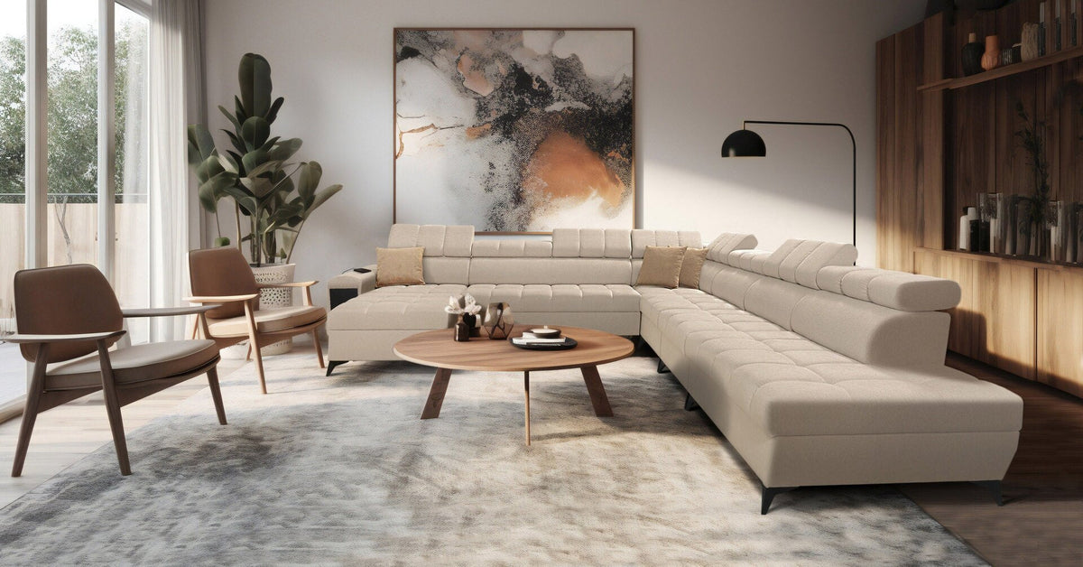 U-shaped Venna XIII corner sofa bed, USB port – right-hand