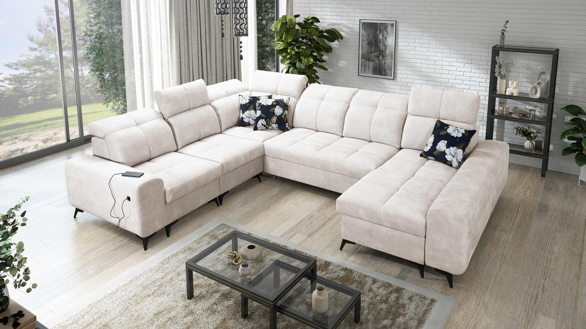 U-shaped Ascot VIII corner sofa bed, USB port – right-hand