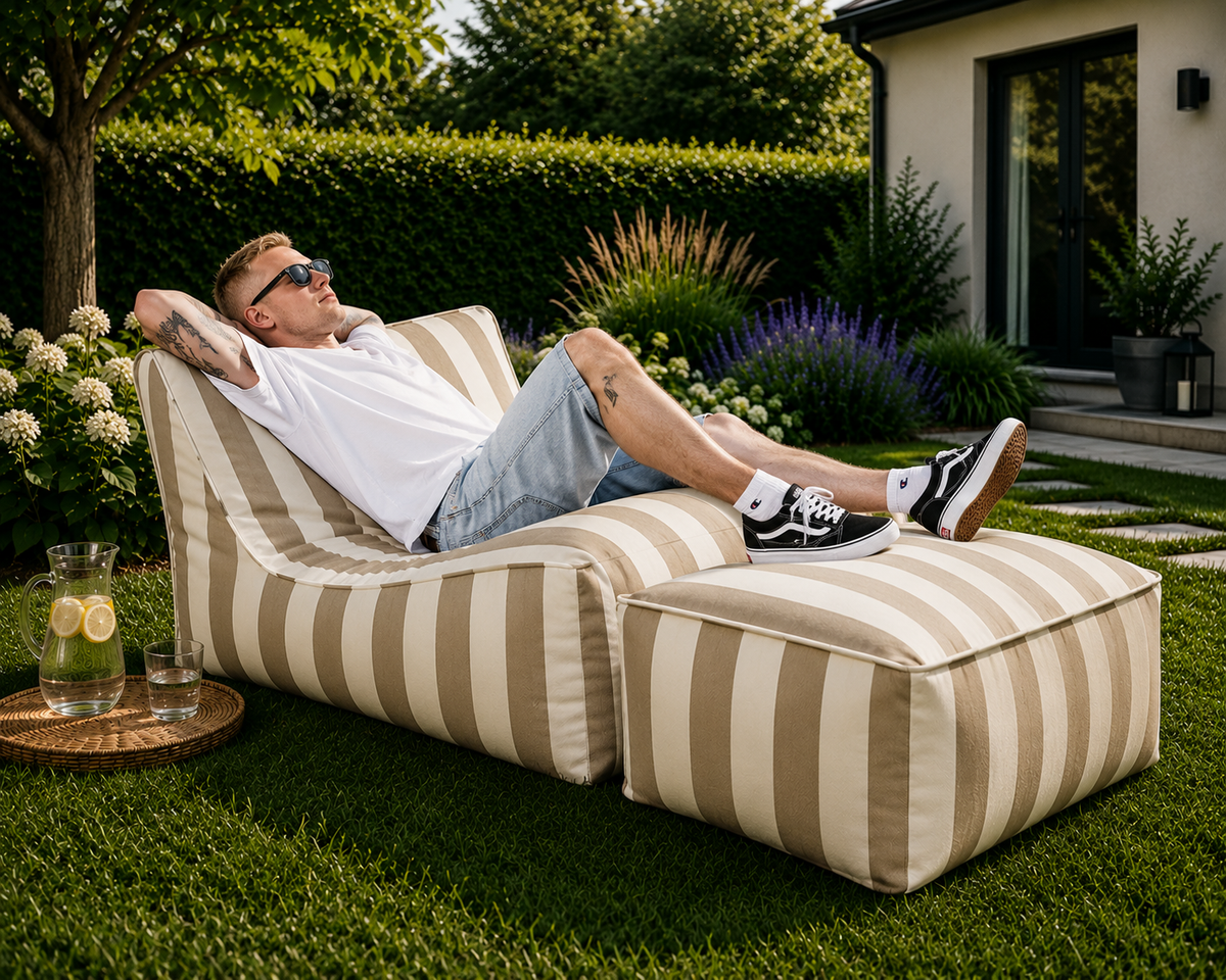 JOY III Indoor & Outdoor Lounger & Pouffe Set – White & Beige – image 1