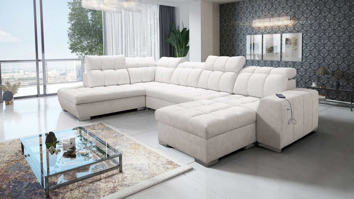 U-shaped Prisma VI corner sofa bed, USB port – right-hand