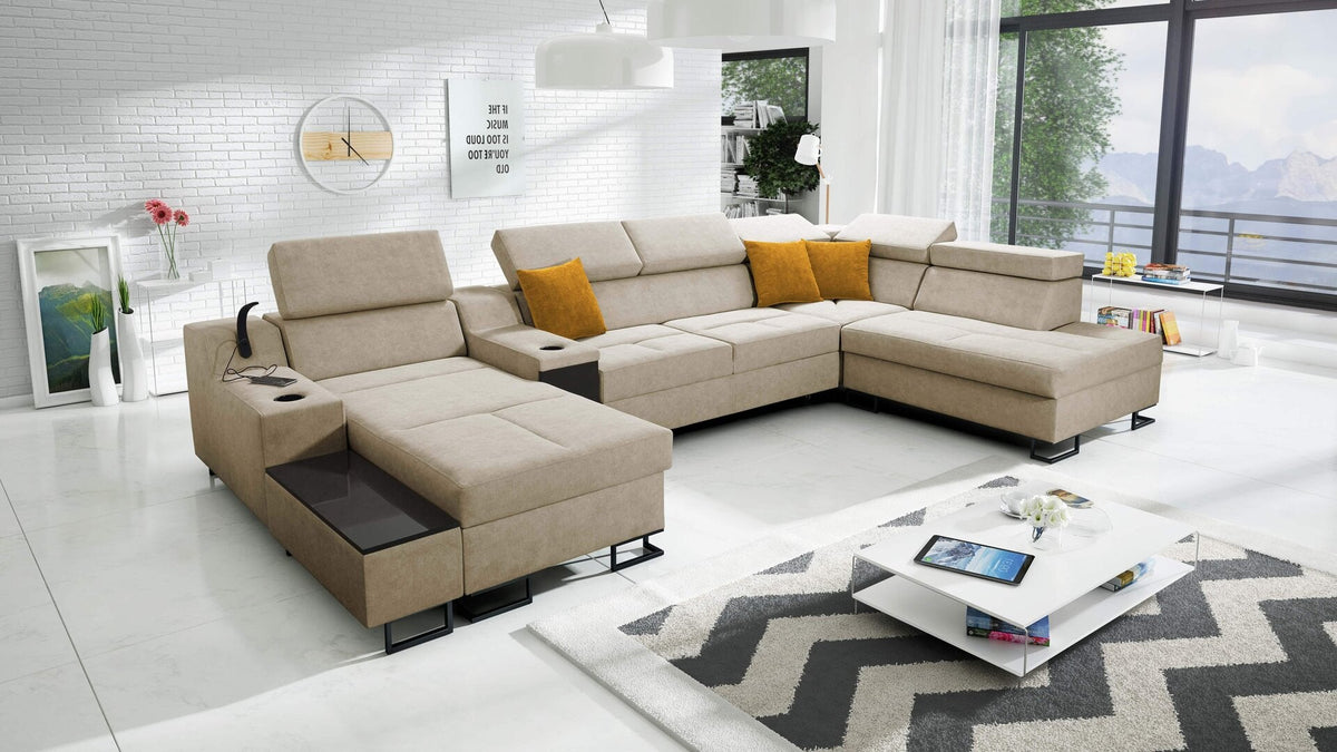 U-shaped Avanti V corner sofa bed with USB lamp – left-hand