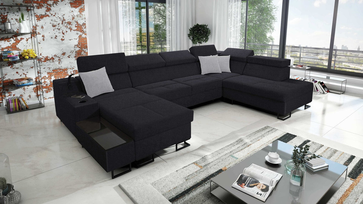 U-shaped Avanti VI corner sofa bed with USB lamp – left-hand
