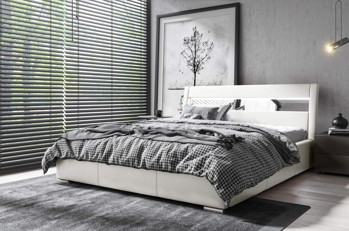 Novara upholstered bed with a bedding storage compartment – Madryt 920 – front view – image 1